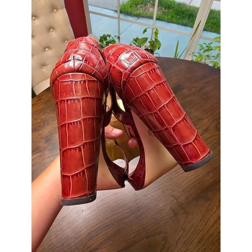 Michael Kors Red Croc Embossed T-Strap High Heel Sandals 9.5M